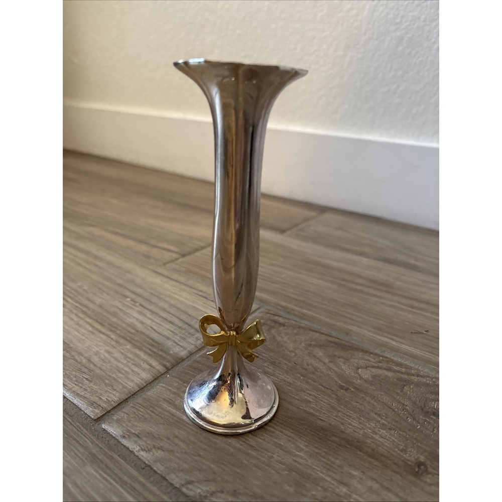 Vintage Single Stem Bud Vase Silver Plated Gold Tone Bow Made in Japan 7.5"